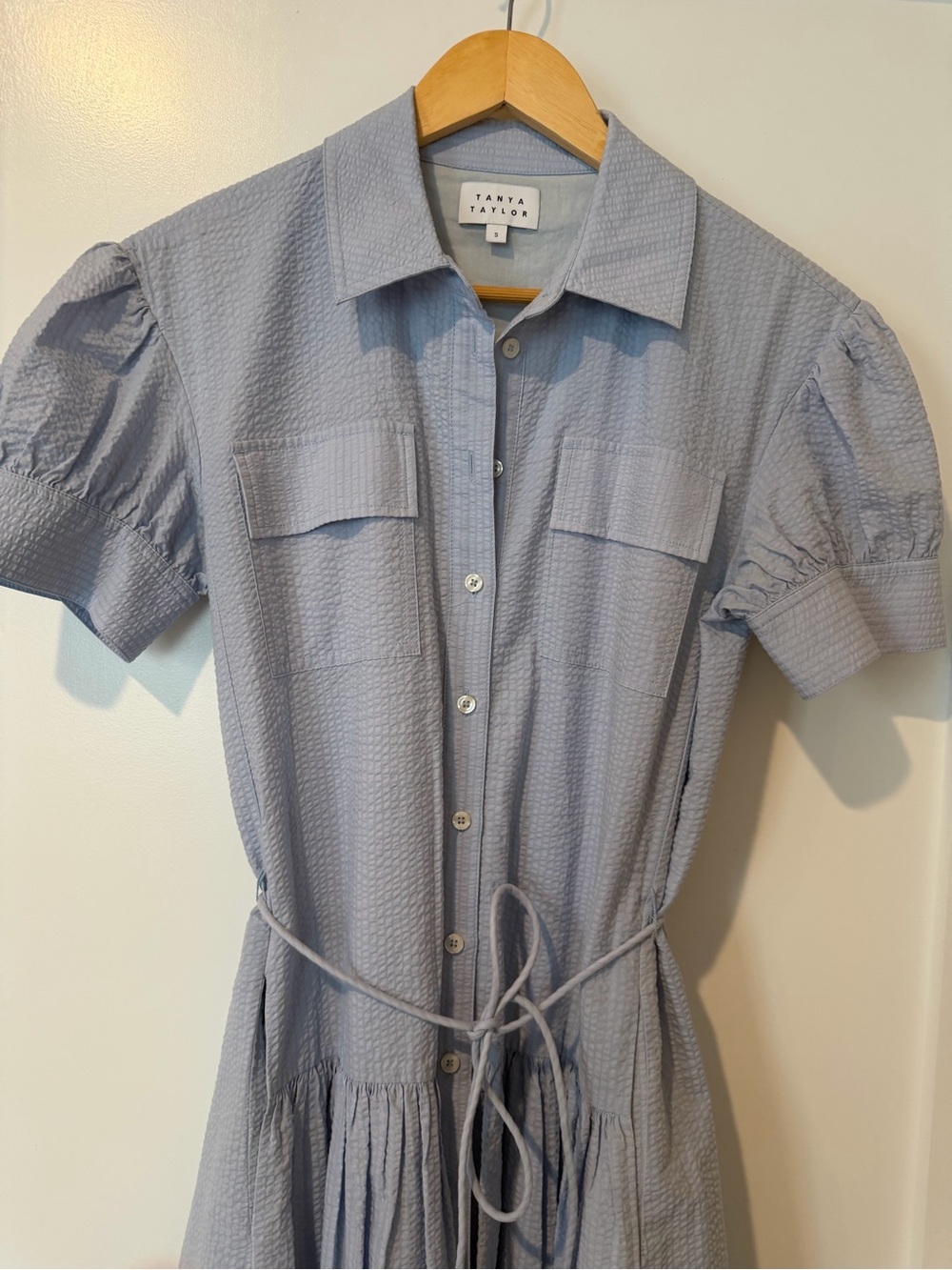 Tanya Taylor Pale Blue Puff-Sleeve Button Shirt Dress